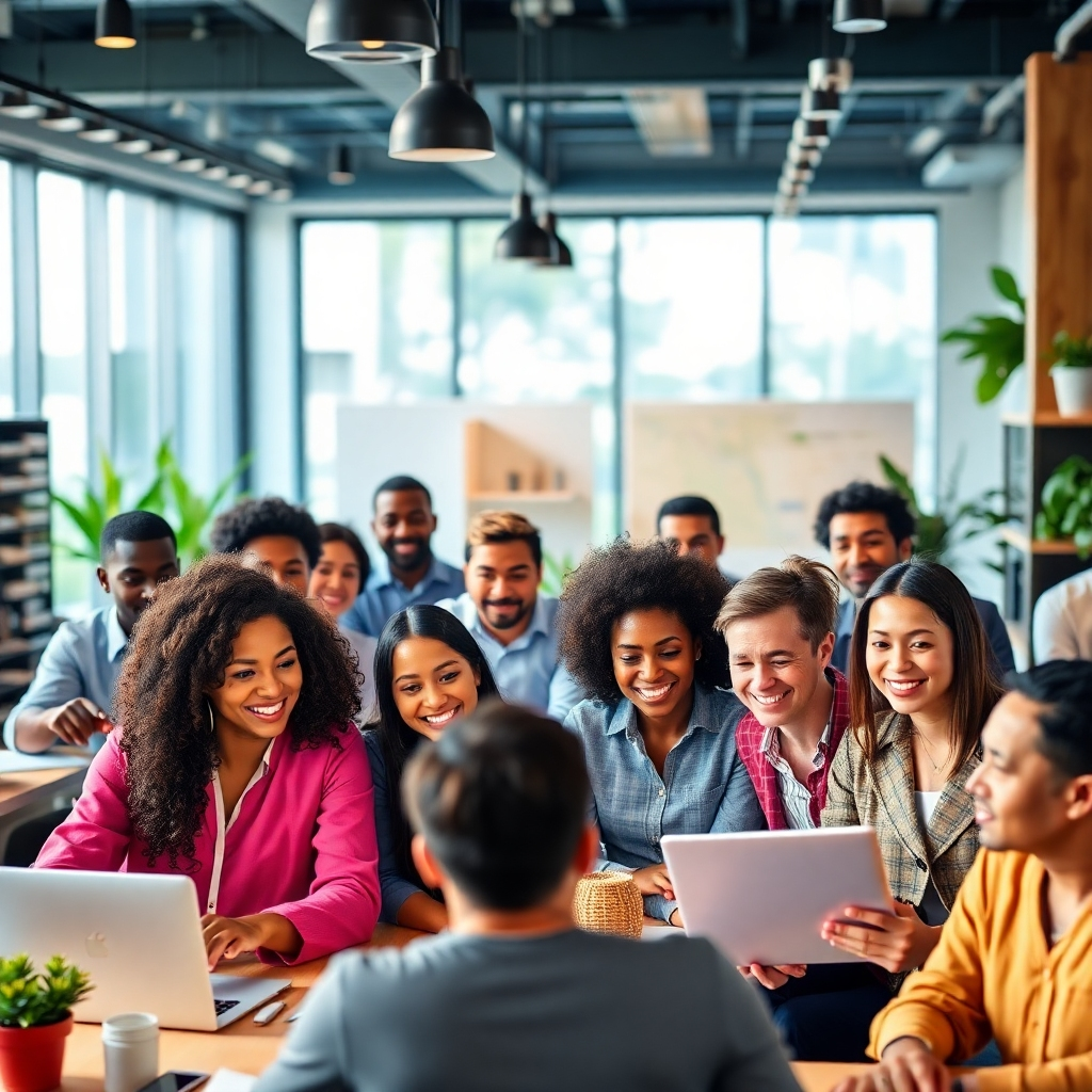 A photorealistic image depicting a diverse group of people working together in a thriving, ethical business. The atmosphere is positive and collaborative, reflecting the impact of values-based investing. The scene should be vibrant and filled with activity, showcasing the positive impact of conscious investment. Style: Modern, collaborative, and purposeful. Resolution: 4K, high quality.