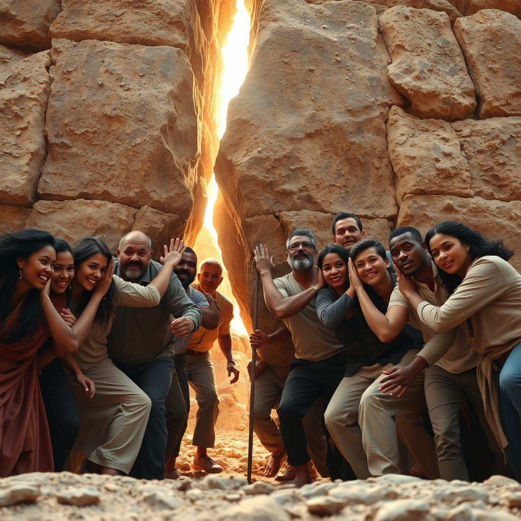 A photorealistic image depicting a group of people pushing against a large stone barrier. Light streams through cracks in the barrier, symbolizing hope and breakthrough. The people are diverse in ethnicity and age. The color palette is warm and inviting, with hues of brown, gold, and beige. The camera angle is slightly low, emphasizing the strength and determination of the group. Textures are highly detailed, from the texture of the stone to the expressions on the people's faces. 4K resolution, high quality.