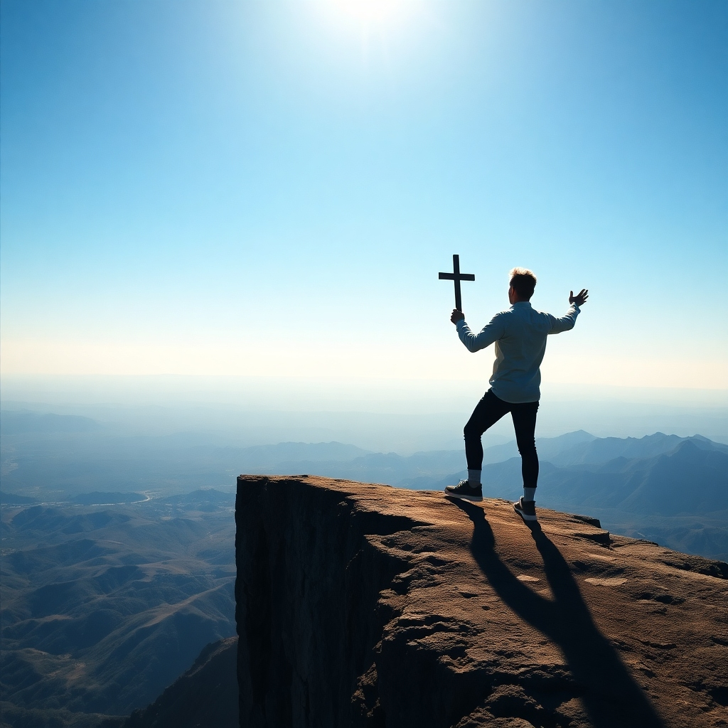 A photorealistic image depicting a person standing at the edge of a cliff, looking out at a vast and beautiful landscape. The person is holding a cross, symbolizing their faith and trust in God. The sky is clear and bright, with a sense of hope and optimism. In the foreground, shadows recede, symbolizing the overcoming of fear. Style: Inspiring, dramatic, and uplifting. Resolution: 4K, high quality.