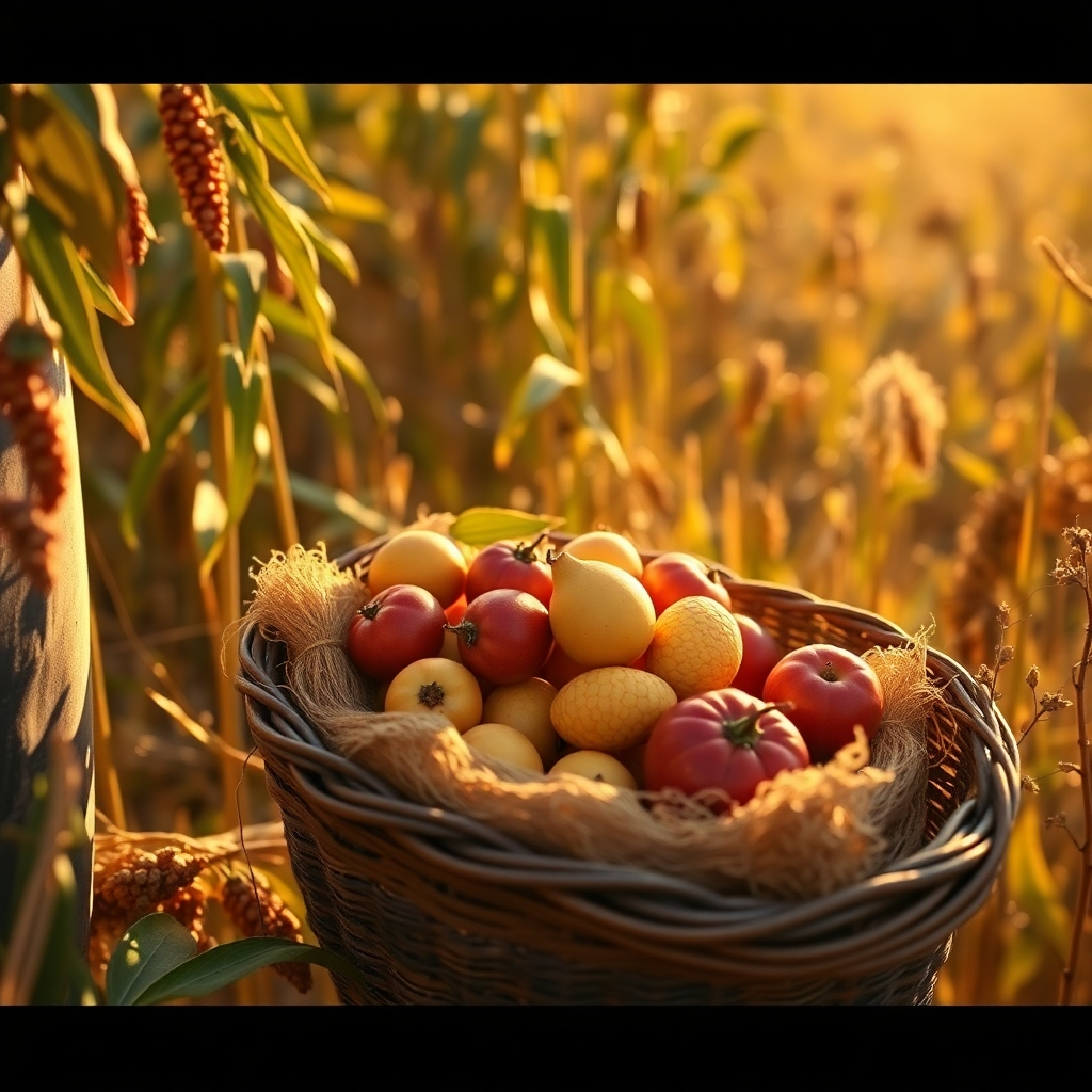 A photorealistic image depicting the harvest of crops with the "first fruits" being reverently selected and set aside in a beautiful container. Lighting is warm and golden, evoking a sense of thankfulness. The setting should be a sunlit field at harvest time, highlighting the abundance and blessing. Style: Agricultural, vintage, and reverent. Resolution: 4K, high quality.