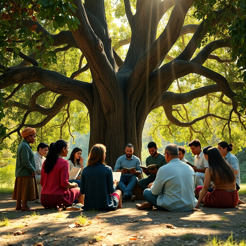 A photorealistic image depicting a diverse group of people gathered around an ancient oak tree, reading and discussing. The tree symbolizes wisdom and strength, while the group represents community and shared purpose. Sunlight filters through the leaves, creating a warm and inviting atmosphere. The color palette consists of earthy tones, greens, and golds, conveying a sense of grounding and connection. The camera angle is a medium shot, capturing the interactions between the people and the majestic presence of the tree. Texture details should be realistic, from the rough bark of the tree to the texture of the pages they are reading. Style reference: Inspired by warm, naturalistic photography with a focus on human connection. Technical specs: 4K resolution, high quality rendering.