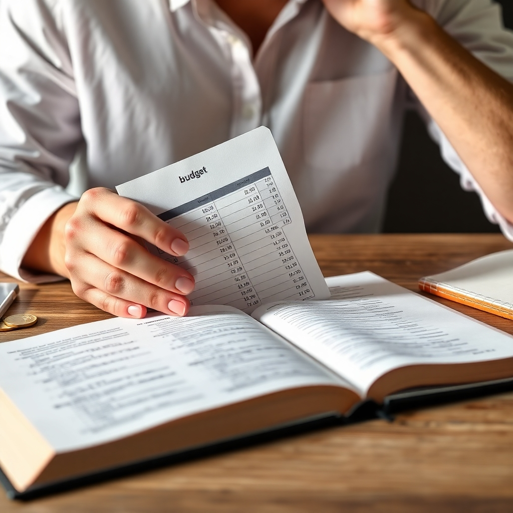 A photorealistic image depicting a person carefully managing a budget, with a Bible open nearby. The budget is visually organized and easy to understand. The scene is well-lit and orderly, with a sense of calm and control. Subtle financial symbols, like coins and graphs, are integrated into the background. Style: Clean, practical, and organized. Resolution: 4K, high quality.