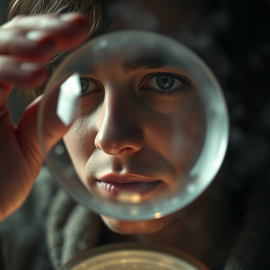A photorealistic image depicting a person looking into the future through a misty or crystal ball. The scene is softly lit with ethereal light and a sense of mystery. The person’s face reflects curiosity and insight. Camera Angle: close-up, focusing on the person's expression. Style: mystical and evocative. Technical Specs: 4K, High quality.