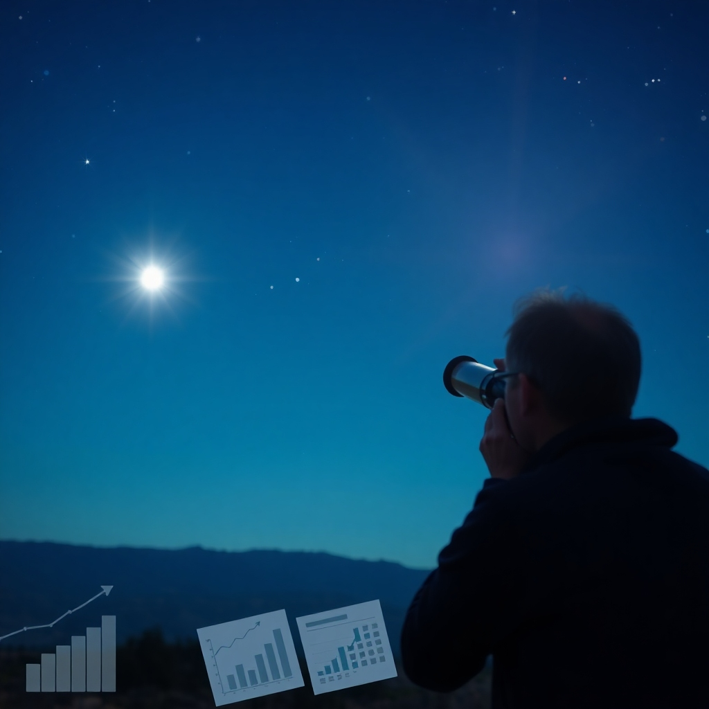 A photorealistic image depicting a person looking through a telescope at a distant, bright star. The star represents a long-term goal or vision. The night sky is clear and beautiful, with a sense of wonder and inspiration. Subtle symbols of financial planning, like charts and calendars, are visible in the foreground. Style: Visionary, hopeful, and inspiring. Resolution: 4K, high quality.