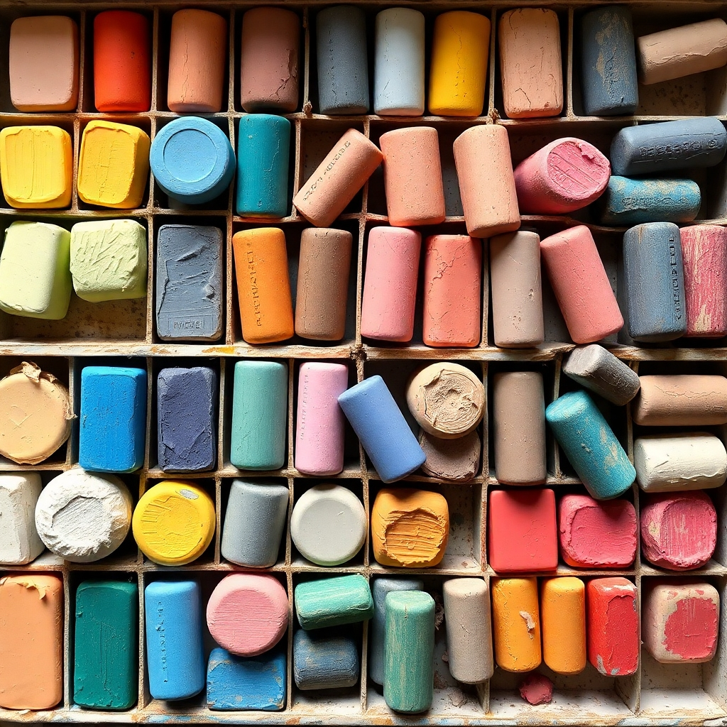 Imagine a close-up photograph capturing the intense, vibrant colors of soft chalk pastels. Focus on a selection of individual sticks of pastel, arranged in a rainbow gradient from deep blues and purples to fiery reds and oranges, culminating in soft yellows and greens. The lighting is crucial: use a single, strong light source from above to illuminate the pigments, causing them to practically glow. The texture of the pastels should be visible – the slight roughness, the fine powder clinging to the surface. The backdrop should be a simple, dark gray or black to maximize contrast and make the colors pop. Capture the tactile feel of these pigments, emphasizing their ability to create brilliant, lasting artworks. High resolution, focus stacked image.