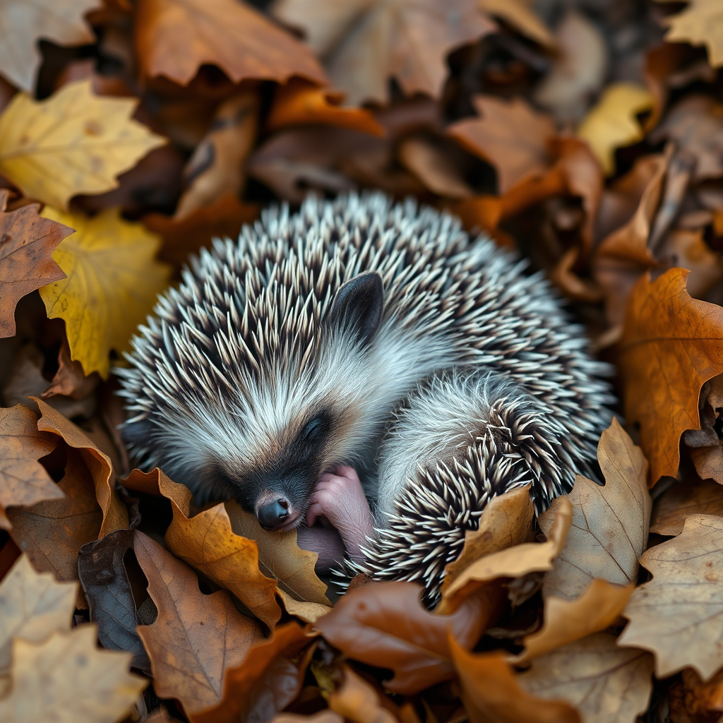 A photorealistic image of a baby hedgehog curled up asleep in a bed of fallen autumn leaves. Soft, diffused lighting highlights the delicate spines and tiny features. The scene should evoke feelings of tenderness and protection. 4K resolution.