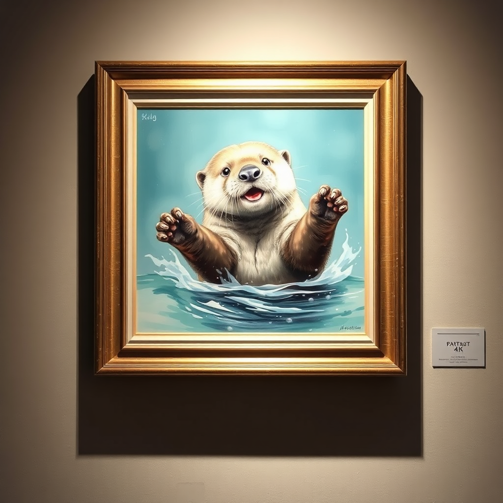 A photorealistic image of a beautifully framed original painting of a playful otter hanging on a gallery wall. Soft, ambient lighting highlights the artwork's details and vibrant colors. 4K resolution.