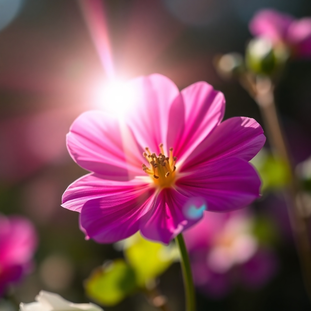 A photorealistic image of a blooming flower with a single ray of light shining on it. The flower represents talent and potential, and the light symbolizes divine inspiration. The background is blurred, creating a sense of focus and serenity. Camera angle: close-up, highlighting the flower's beauty. Style reference: vibrant and uplifting. Technical specs: 4K resolution, high quality.