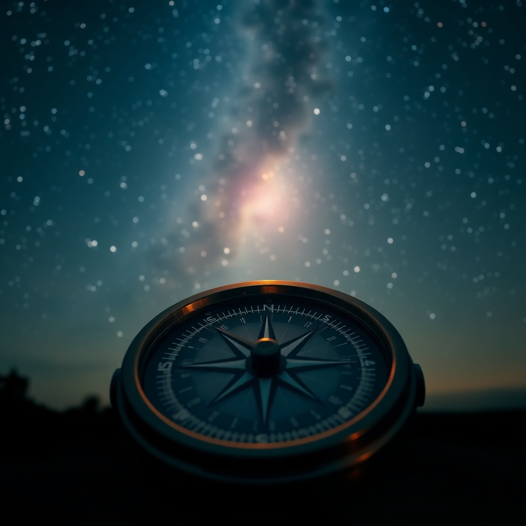 A photorealistic image of a compass pointing towards a star-filled sky. The compass represents guidance, and the stars represent the vast possibilities of God's plan. The background is a peaceful night scene. Style: Serene and hopeful. Technical specs: 4K resolution.