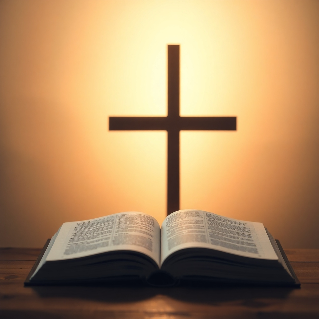 A photorealistic image of a cross glowing softly behind a Christian book, symbolizing the integration of faith and marketing. Use a soft, ethereal light to create a sense of reverence and peace. The color palette should be muted and calming, using whites and golds.