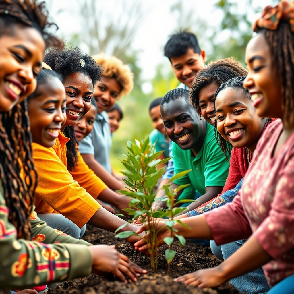 A photorealistic image of a diverse group of people working together on a community project. The project could be anything from planting trees to building a house. The faces of the people are filled with joy and determination. The color palette consists of bright, cheerful colors, conveying a sense of collaboration and positive impact. Style reference: Inspired by documentary photography with a focus on human connection. Technical specs: 4K resolution, high quality rendering.