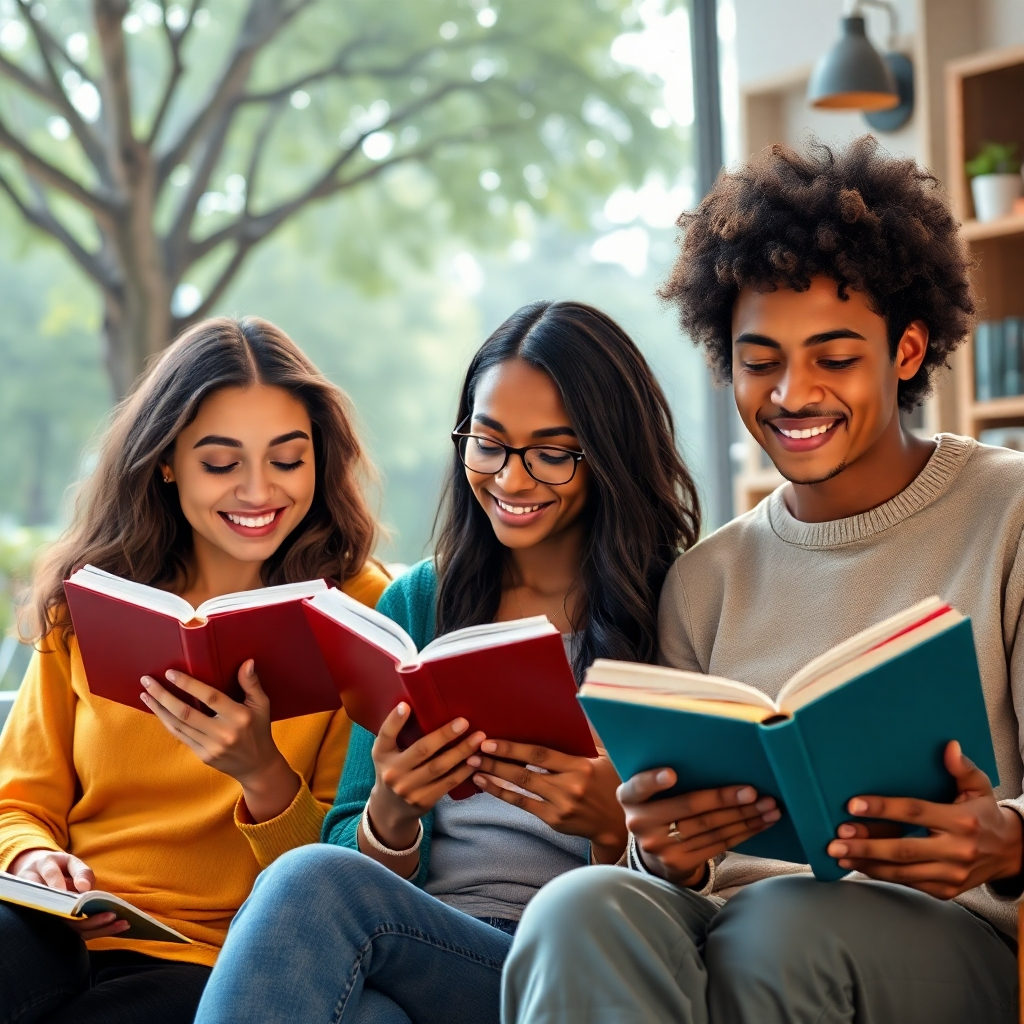 A photorealistic image of a diverse group of people reading books in various settings: a park, a coffee shop, and a living room. Each person is engrossed in their book, with expressions of joy and contemplation. Focus on capturing realistic details, such as the texture of the book covers and the natural light illuminating their faces. The color palette should be warm and inviting, reflecting the diversity of the audience.