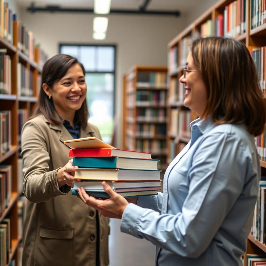 A photorealistic image of a friendly librarian handing a stack of books to a smiling person. The background is a cozy library with shelves filled with books. The feeling is welcoming and helpful. Camera angle: medium shot, focusing on the interaction between the librarian and the person. Style reference: approachable and supportive. Technical specs: 4K resolution, high quality.