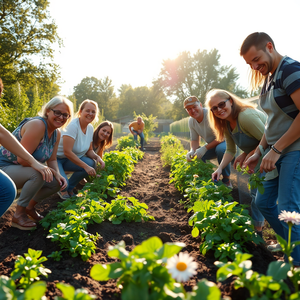 A photorealistic image of a group of people volunteering together in a community garden. They are planting vegetables and flowers. The sun is shining. The atmosphere is joyful and collaborative. Style: communal and positive. Technical Specs: 4K, High quality.