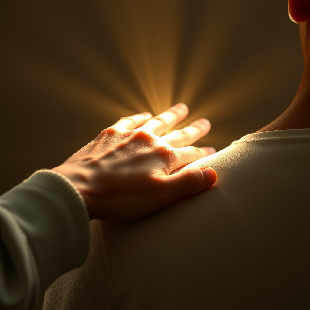 A photorealistic image of a hand gently resting on another person's shoulder. A beam of light is emanating from the hand, creating a sense of warmth and healing. The atmosphere is calm and peaceful. Style: compassionate and serene. Technical Specs: 4K, High quality.
