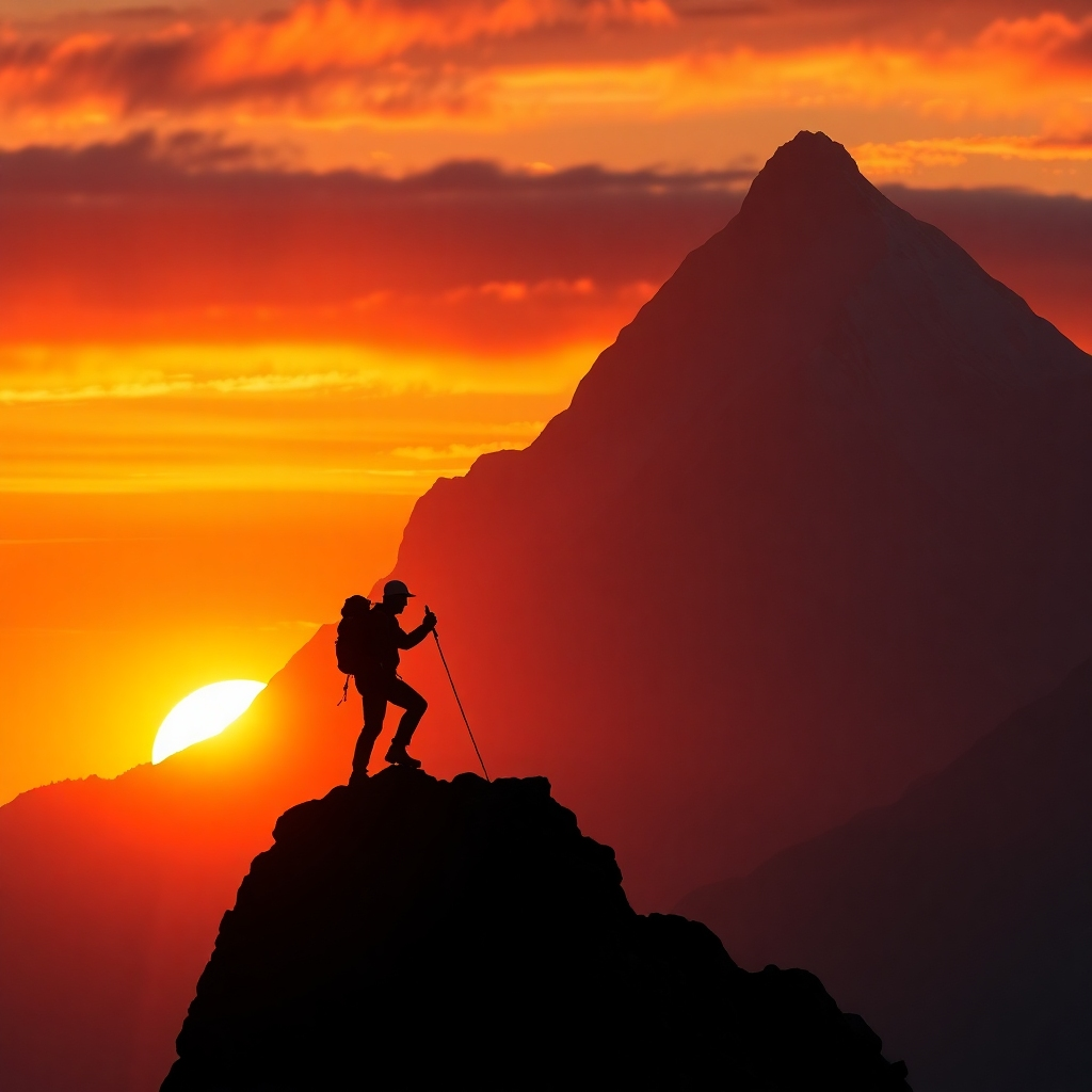 A photorealistic image of a mountain climber reaching the summit, silhouetted against a vibrant sunrise. The climber represents perseverance and determination, while the mountain symbolizes challenges and obstacles. The color palette consists of warm oranges, reds, and yellows, conveying a sense of triumph and achievement. Style reference: Inspired by adventure photography and landscape paintings. Technical specs: 4K resolution, high quality rendering.
