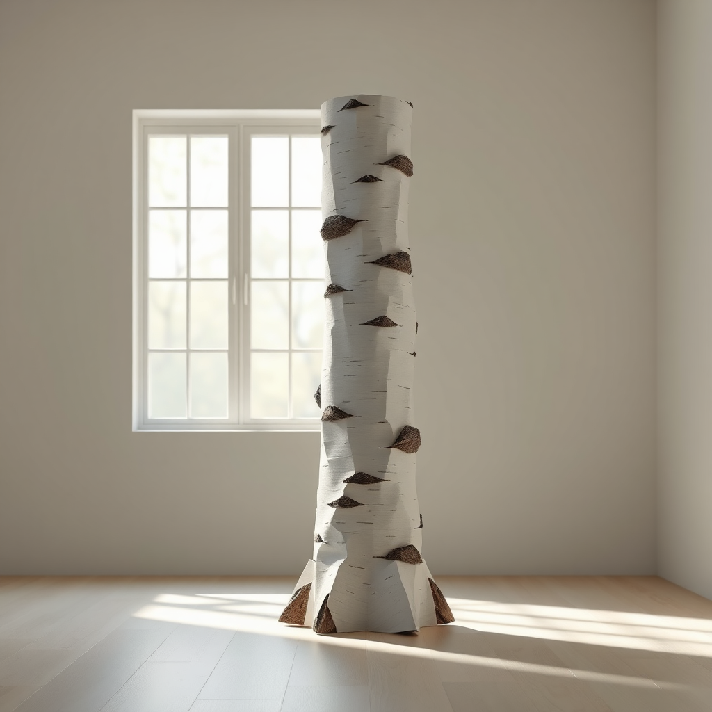 A photorealistic image of a paper birch sculpture placed in a serene meditation space. Soft, natural light filters through a window. The color palette is muted and calming. 4k resolution.