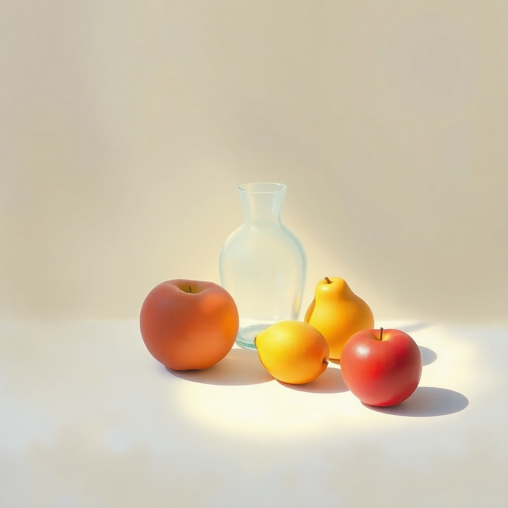A photorealistic image of a pastel painting focusing on light playing across a still life of a vase and fruit. Technical specifications: 4K resolution, high quality.