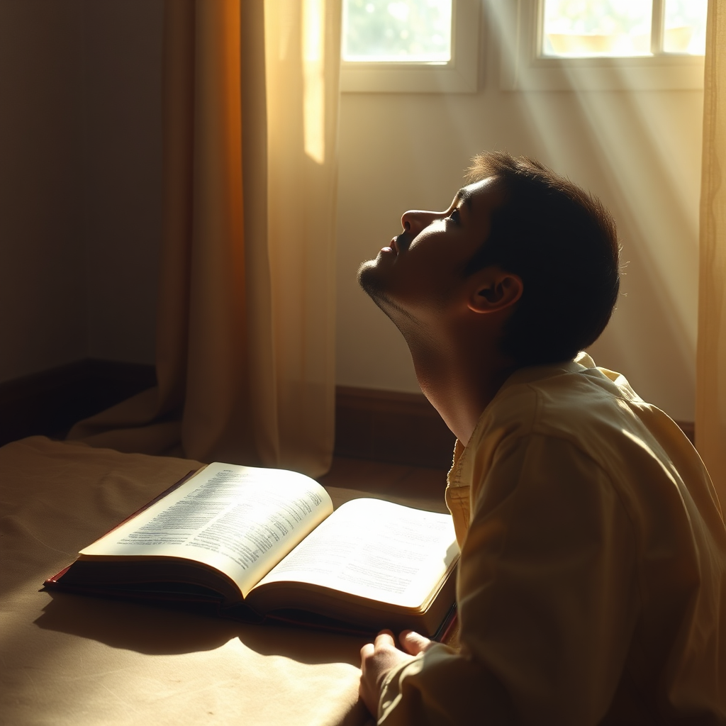 A photorealistic image of a person kneeling in prayer in a quiet, sunlit room. The individual's face is turned upwards, expressing devotion and surrender. A Bible rests open on a nearby table. Soft, natural light streams through a window, creating a sense of peace and tranquility. The color palette is warm and inviting, with hues of beige, gold, and soft blues. The camera angle is slightly low, emphasizing the individual's humility and reverence. Textures are highly detailed, from the wrinkles in the person's clothing to the texture of the Bible pages. Style references include Renaissance paintings depicting prayerful subjects. 4K resolution, high quality.