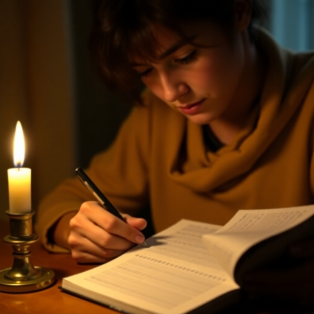 A photorealistic image of a person writing in a journal by candlelight. The candle symbolizes reflection and introspection, while the journal represents personal growth and intentional living. The person's face is partially obscured, creating a sense of mystery and focus on the act of writing. The color palette consists of warm yellows, oranges, and browns, conveying a sense of coziness and intimacy. Style reference: Inspired by Vermeer-style lighting and composition. Technical specs: 4K resolution, high quality rendering.