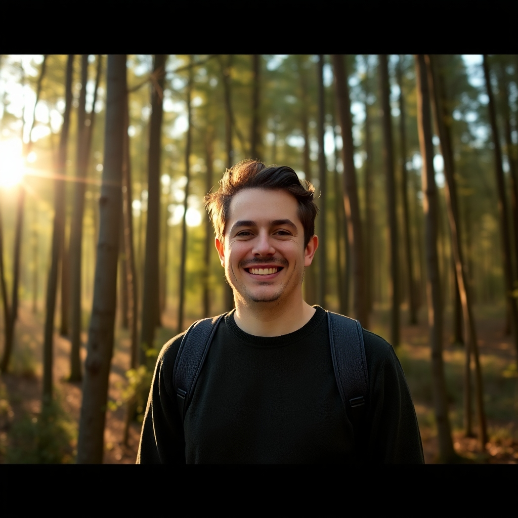 A photorealistic image of a person standing in a forest, surrounded by trees and sunlight. The person is smiling and appears confident and at peace. The color palette consists of warm greens, browns, and golds, conveying a sense of nature and authenticity. Style reference: Inspired by portrait photography with a focus on natural light. Technical specs: 4K resolution, high quality rendering.