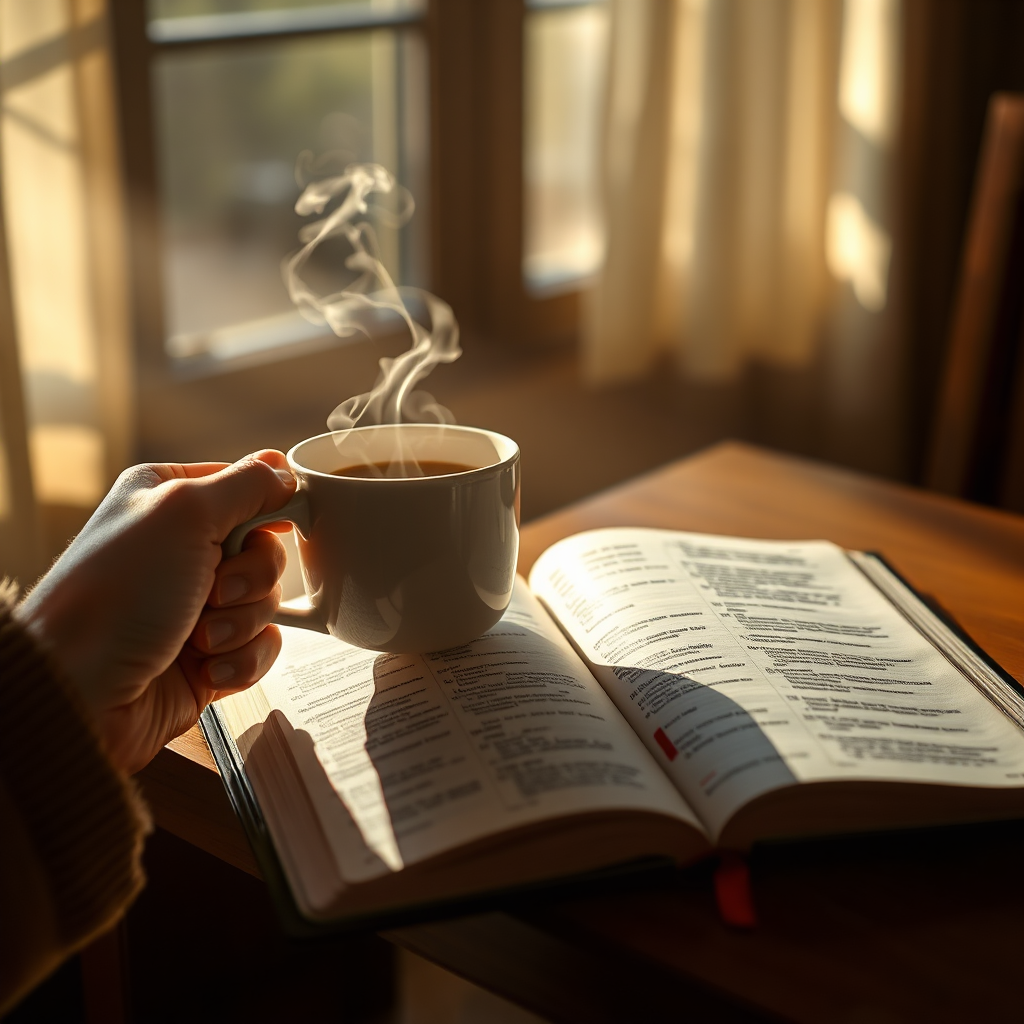 A photorealistic image of a person holding a steaming cup of coffee in the morning light. Sunlight streams through a window, illuminating a Bible open to a verse marked with a bookmark. The scene is set in a cozy, inviting room, creating a sense of peace and quiet reflection. Focus on the warm, inviting light and the details of the coffee cup and the Bible. Style: Warm, inviting, and peaceful. Technical specs: 4K resolution, photorealistic rendering.