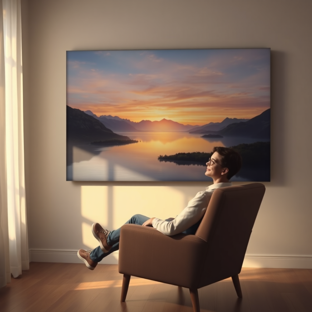 A photorealistic image of a person sitting comfortably in an armchair, gazing at a large landscape painting depicting a calm lake surrounded by mountains at sunset. The room is bathed in soft, warm light, creating a sense of peace and tranquility. The painting should be the focal point, drawing the viewer's eye and evoking a feeling of serenity. Ensure the person appears relaxed and content, emphasizing the calming effect of the art.