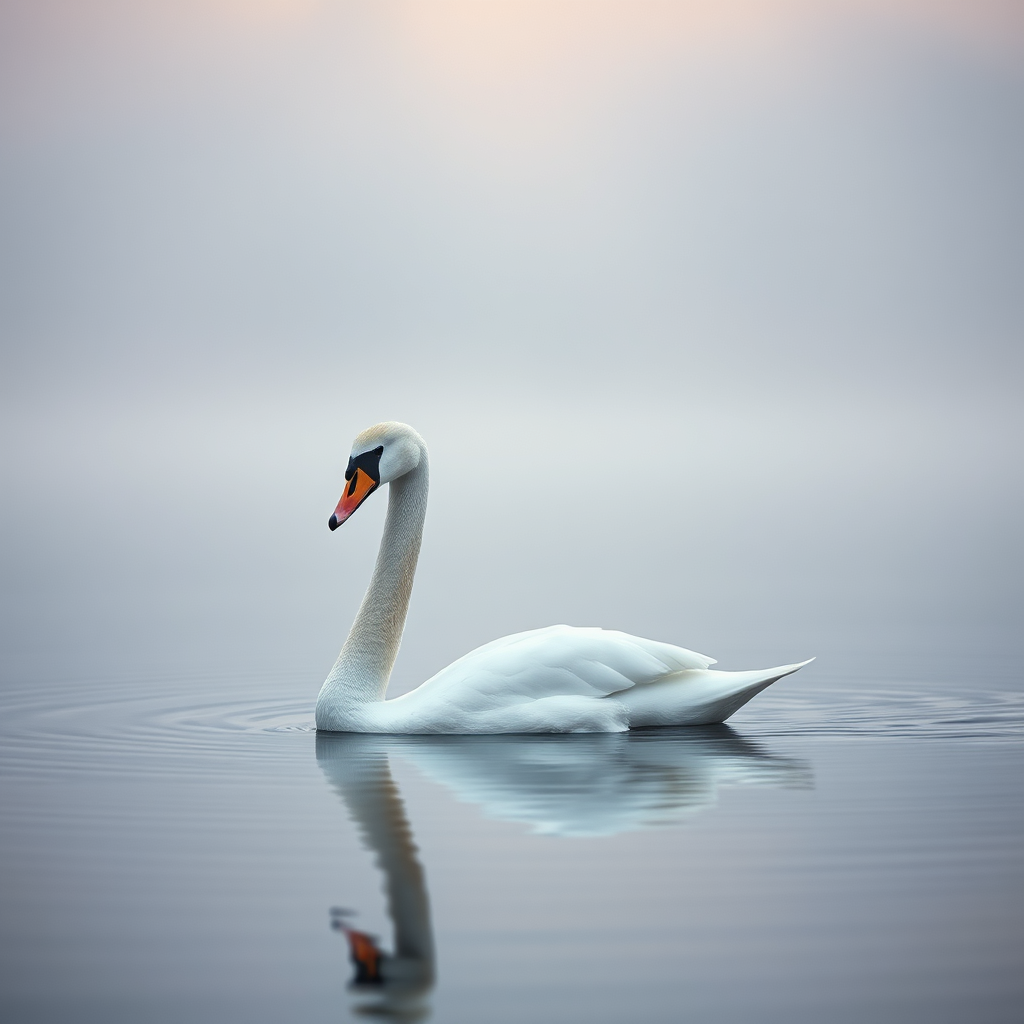 A photorealistic image of a single white swan gracefully swimming on a misty lake at dawn. Focus on the swan's elegant neck and the soft reflection in the water. The color palette should be muted, with soft blues, grays, and hints of pink. The lighting should be diffused and ethereal. Style: Romanticism. Resolution: 4K.