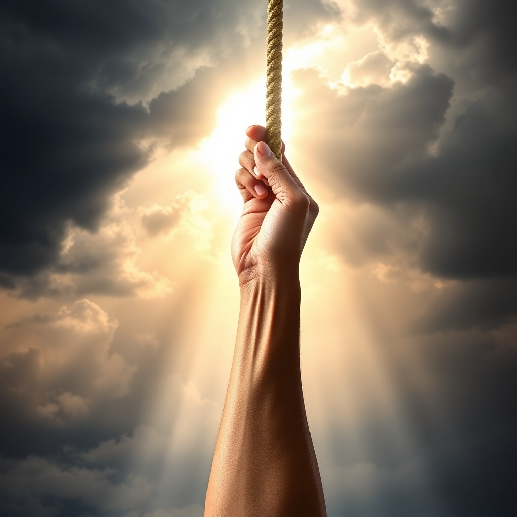 A photorealistic image of a strong hand reaching out to grasp a rope extending from the heavens, symbolizing unwavering faith. The hand is set against a backdrop of stormy clouds parting to reveal a ray of sunlight. The style should be dramatic and inspiring, emphasizing strength and hope. Technical specs: 4K resolution, hyperrealistic details.