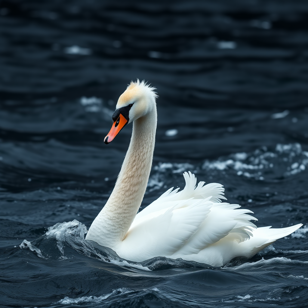 A photorealistic image of a swan swimming against a turbulent current. The swan's feathers are ruffled, but it maintains its elegant posture. Use dramatic lighting and a dark color palette to emphasize the challenge. Style: Dramatic realism. Resolution: 4K.