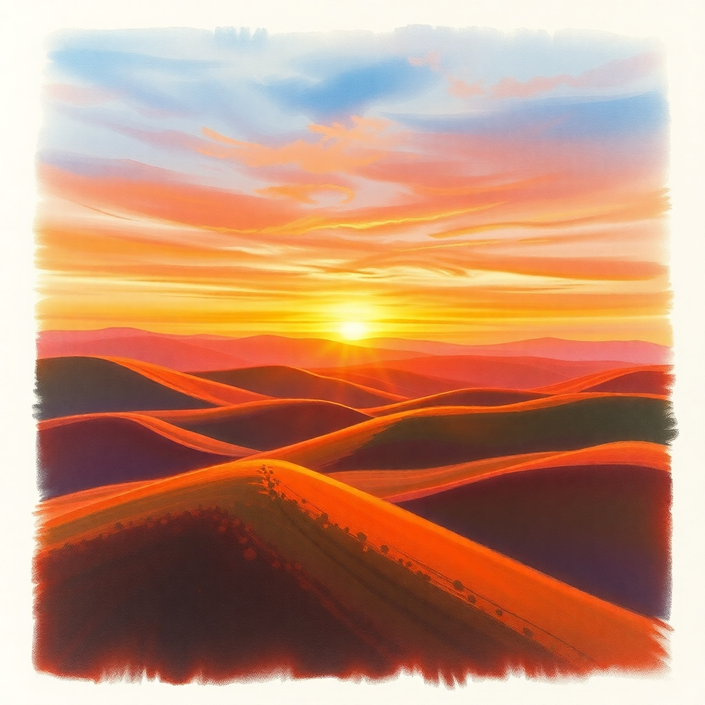 A photorealistic image of a sweeping landscape rendered in soft chalk pastels. Rolling hills meet a vibrant sunset, with soft, diffused light illuminating the scene. Use warm earth tones and vibrant complementary colors. Capture the texture of the pastel on the paper. Focus on capturing the emotional impact of the landscape. Style reference: Impressionistic landscape painting. Technical specifications: 4K resolution, high quality.