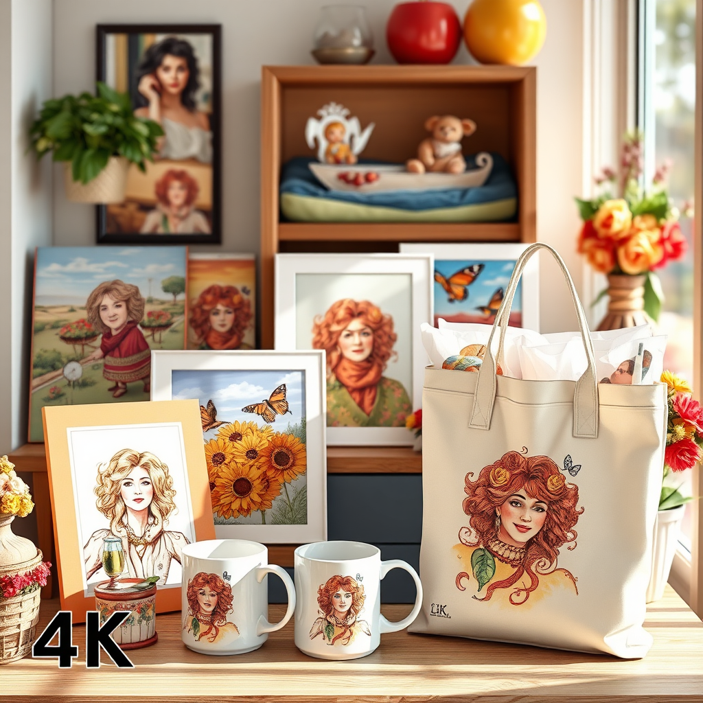 A photorealistic image of a variety of products featuring Margaret Lukasik's artwork, including art prints, mugs, and tote bags. The scene should be bright and cheerful, showcasing the appeal of the merchandise. 4K resolution.