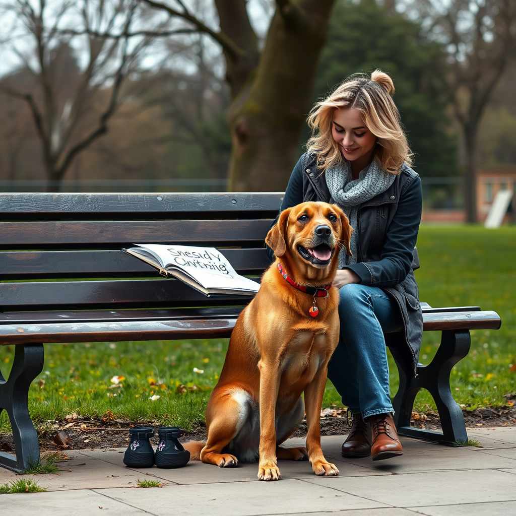 A photorealistic image of a woman sitting on a park bench, sketching a friendly dog that is sitting patiently beside her. The scene should convey a sense of companionship and mutual respect between humans and animals. 4K resolution.