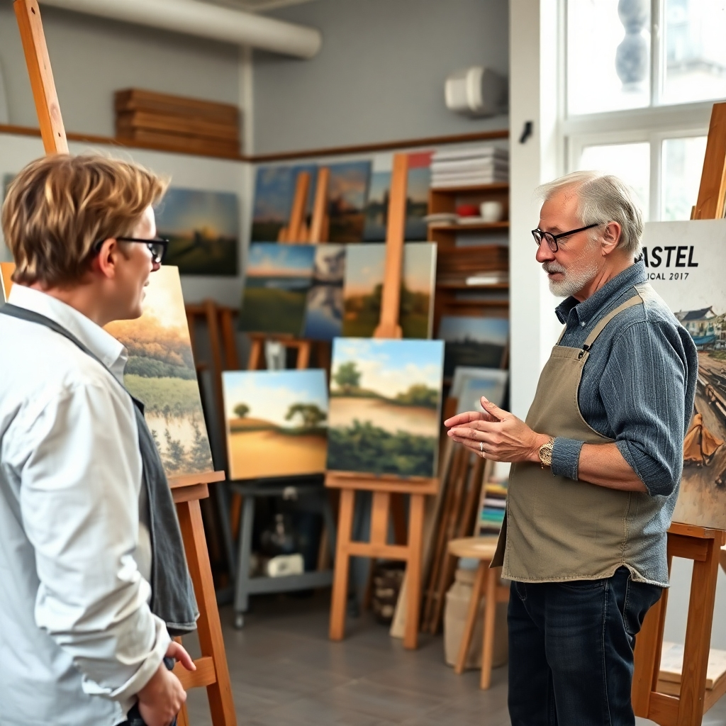 A photorealistic image of an artist discussing a commission with a client in the artist's studio. The studio is filled with pastel paintings. Technical specifications: 4K resolution, high quality.