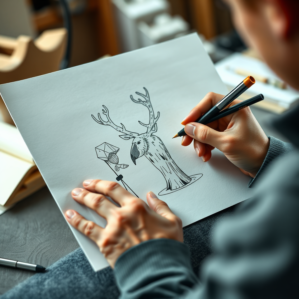 A photorealistic image of an artist sketching a design for a custom paper birch sculpture. Focus on the artist's hands and the design sketch. 4K resolution.