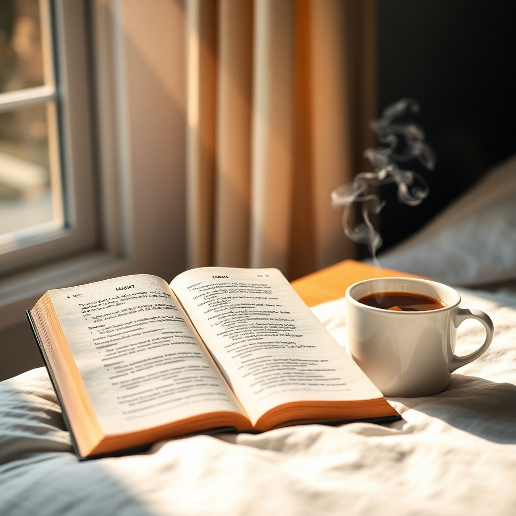 A photorealistic image of an open devotional book beside a steaming cup of coffee on a bedside table. Sunlight streams through a window, illuminating the scene. The book is open to a page with inspiring words. The feeling is peaceful and inviting. Camera angle: close-up, focusing on the book and coffee. Style reference: warm and inviting. Technical specs: 4K resolution, high quality.