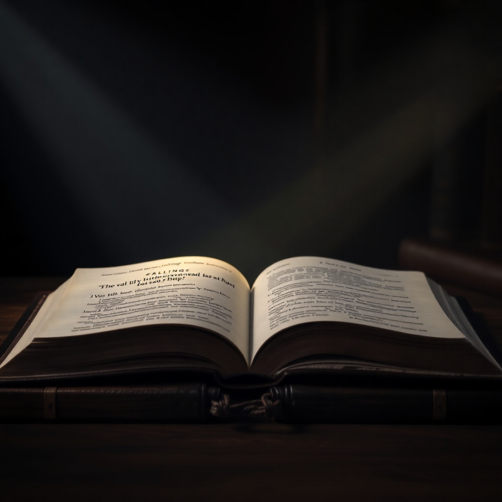 A photorealistic image of an open Bible with rays of light shining down upon it. The Bible is open to a specific verse about purpose and calling. The background is a darkened study, emphasizing the importance of the Scripture. Texture: aged paper, leather binding. Technical specs: 4K resolution, photorealistic.