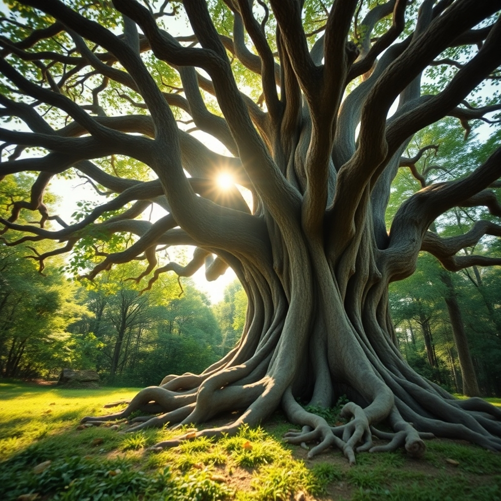 A photorealistic image of an old tree with deep roots, symbolizing strength and longevity. The tree is surrounded by a lush green forest, representing growth and legacy. Sunlight filters through the branches, creating a sense of peace and tranquility. Camera angle: wide shot, capturing the majesty of the tree. Style reference: timeless and enduring. Technical specs: 4K resolution, high quality.