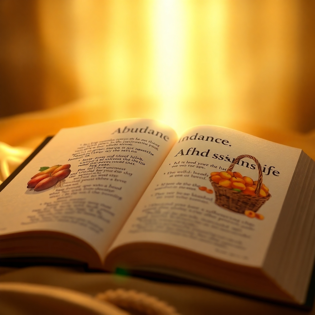 A photorealistic image of an open Bible with a beam of light shining directly onto a passage about abundance. Around the Bible, subtle depictions of overflowing baskets of fruit and grain are visible, representing the blessings that come from faith. The background is soft and warm, with golden hues dominating the color palette. The focus is sharp on the Bible passage, with a shallow depth of field blurring the background elements. Style: Realistic, warm, and inviting. Resolution: 4K, high quality.
