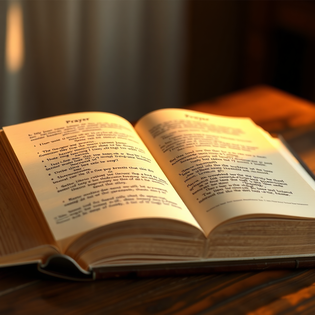 A photorealistic image of an open Bible resting on a wooden table. The pages are illuminated by a soft, golden light. Key verses about prayer are highlighted. The background is blurred, creating a sense of focus on the scripture. The color palette is warm and inviting, with hues of brown, gold, and beige. The camera angle is slightly low, emphasizing the importance of the scripture. Textures are highly detailed, from the texture of the paper to the grain of the wood. Style references include historical depictions of sacred texts. 4K resolution, high quality.