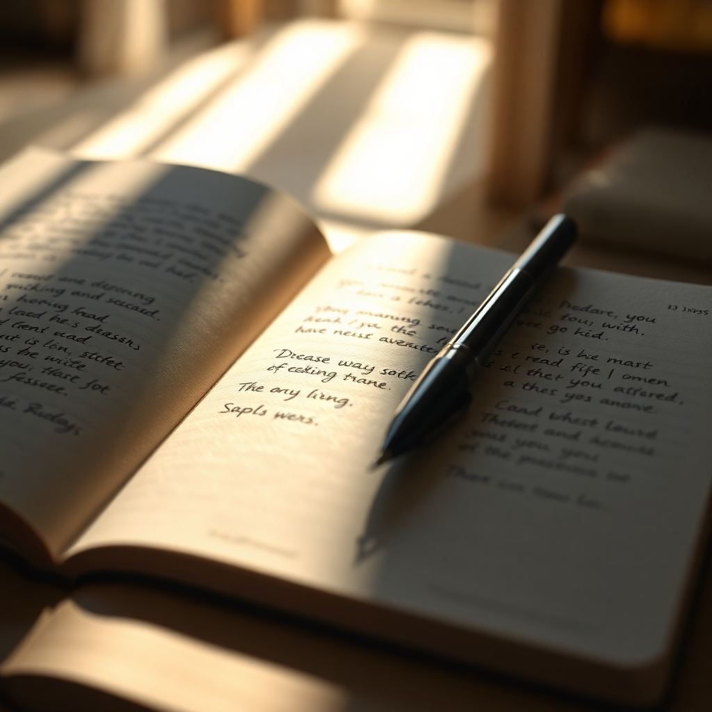 A photorealistic image of an open journal with a pen resting on its pages, bathed in soft light. The journal contains handwritten notes about dreams and aspirations, interspersed with Bible verses. The background is blurred, suggesting a peaceful and reflective environment. Focus on the texture of the paper and the details of the pen. The overall feeling is one of introspection and inspiration. Camera angle: close-up, focusing on the journal and pen. Style reference: realistic, with a touch of warmth and serenity. Technical specs: 4K resolution, high quality.