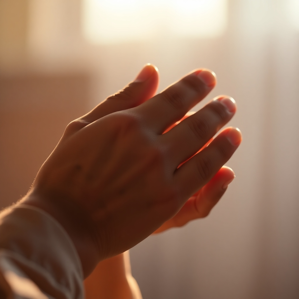 A photorealistic image of hands clasped in prayer, bathed in soft, warm light. The background is blurred, suggesting a peaceful and contemplative environment. The overall feeling is one of serenity and hope. Camera angle: close-up, focusing on the hands. Style reference: peaceful and reverent. Technical specs: 4K resolution, high quality.