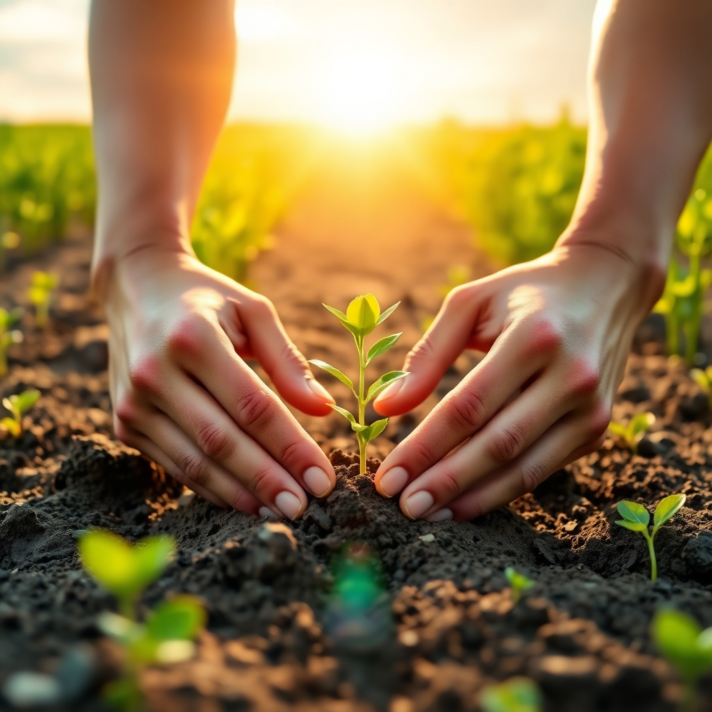 A photorealistic image of hands planting a seedling in fertile soil. The sun is shining brightly, and the background is a field of flourishing plants. The image represents making a positive impact on the world. Style: Hopeful and inspiring. Technical specs: 4K resolution.