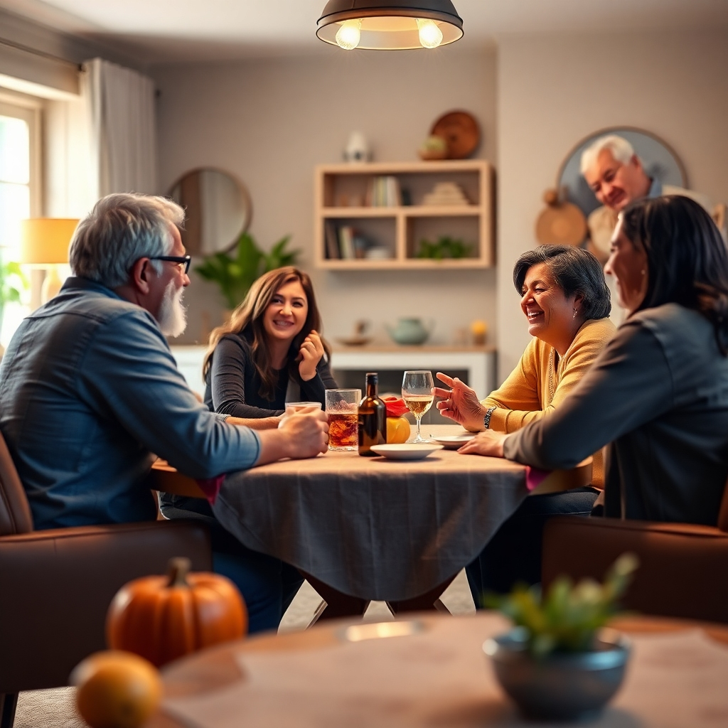 A photorealistic image of people gathered around a table, sharing stories and laughter. The background is a warm and inviting living room. The feeling is connected and supportive. Camera angle: medium shot, focusing on the interaction between the people. Style reference: communal and engaging. Technical specs: 4K resolution, high quality.
