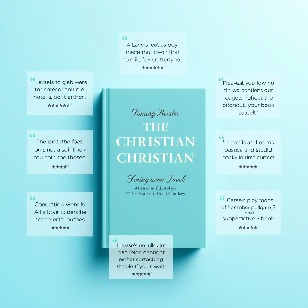 A photorealistic image of several glowing quotes surrounding a Christian book, visually representing positive reviews and testimonials. Focus on clear, elegant typography and a clean, professional design. The color palette should be calming and trustworthy, using blues and greens.