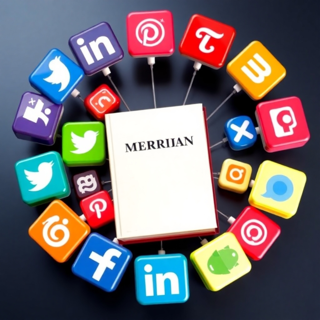 A photorealistic image of social media icons orbiting a Christian book, representing the power of social media to promote and connect. Use a vibrant color palette to convey the energy and dynamism of online marketing.