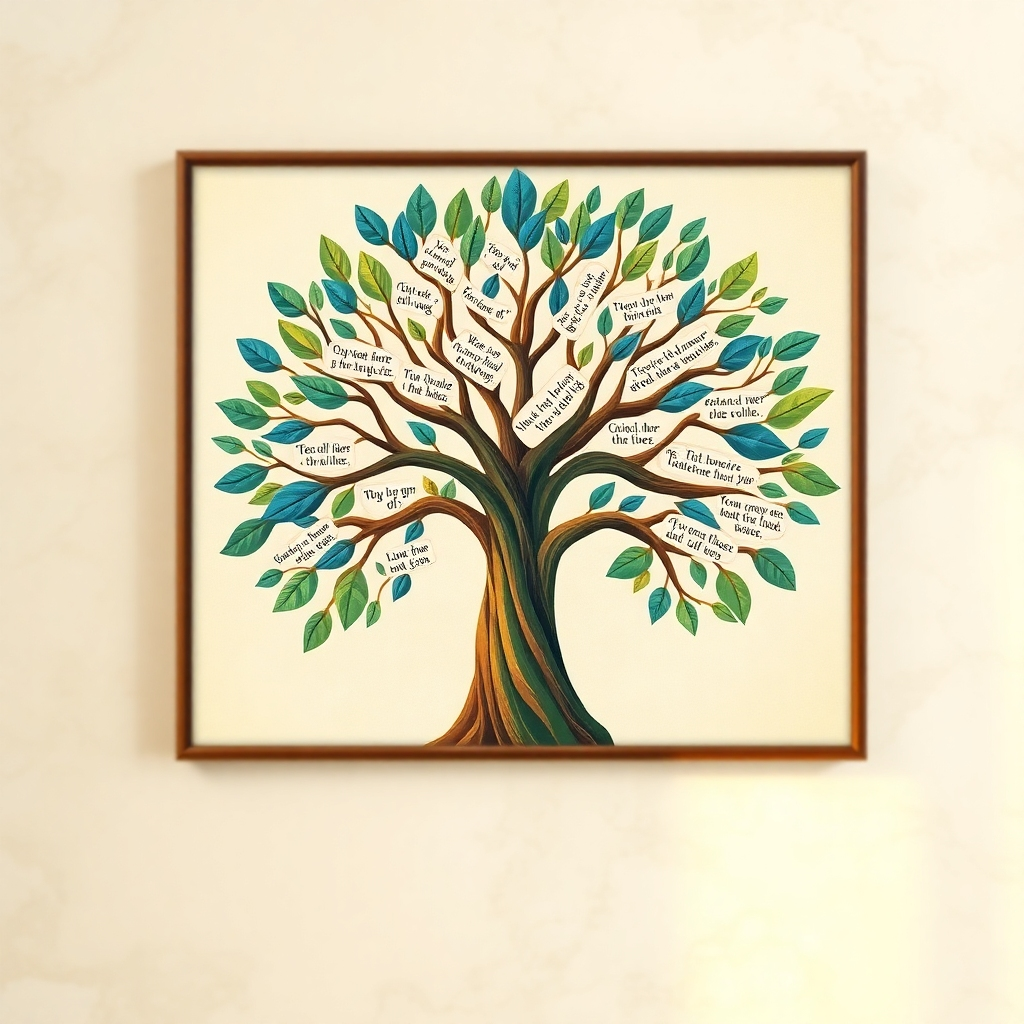 A photorealistic image showcases a piece of Christian wall art featuring a stylized depiction of the Tree of Life with Bible verses interwoven among the branches. The artwork employs a vibrant color palette with rich greens, blues, and golds. The composition is symmetrical and balanced, conveying a sense of harmony and spiritual growth. The background is a soft, blurred texture that allows the artwork to stand out. The lighting is warm and inviting, creating a sense of peace and tranquility. Style reference: Stylized Tree of Life illustration with scripture. Technical specs: 8K resolution, hyperrealistic, warm lighting.