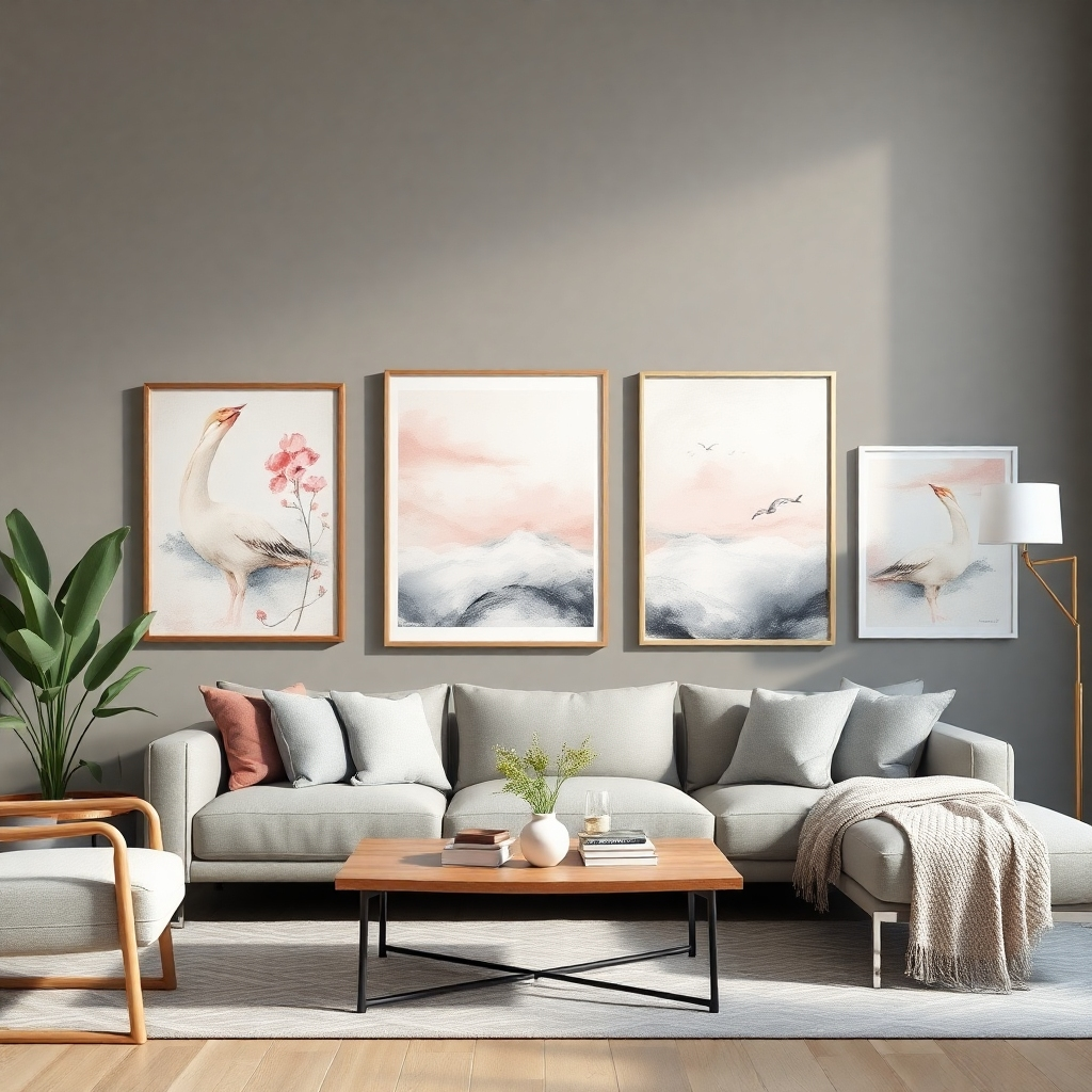 A photorealistic image showcasing a selection of framed soft chalk pastel paintings displayed in a modern living room. Focus on the paintings and their contribution to the room's aesthetic. Technical specifications: 4K resolution, high quality.