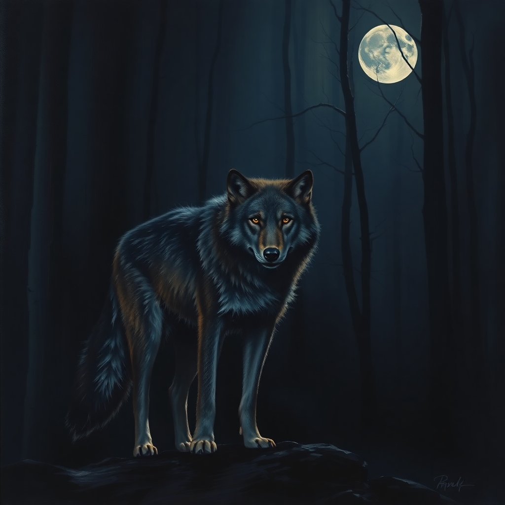 A photorealistic painting of a wolf standing at the edge of a dark forest, partially lit by moonlight. The wolf's fur should be meticulously detailed, contrasting the dark shadows with the areas illuminated by moonlight. The background should be a mysterious and evocative dark forest with barely visible trees. The overall mood is one of quiet strength and hidden power.