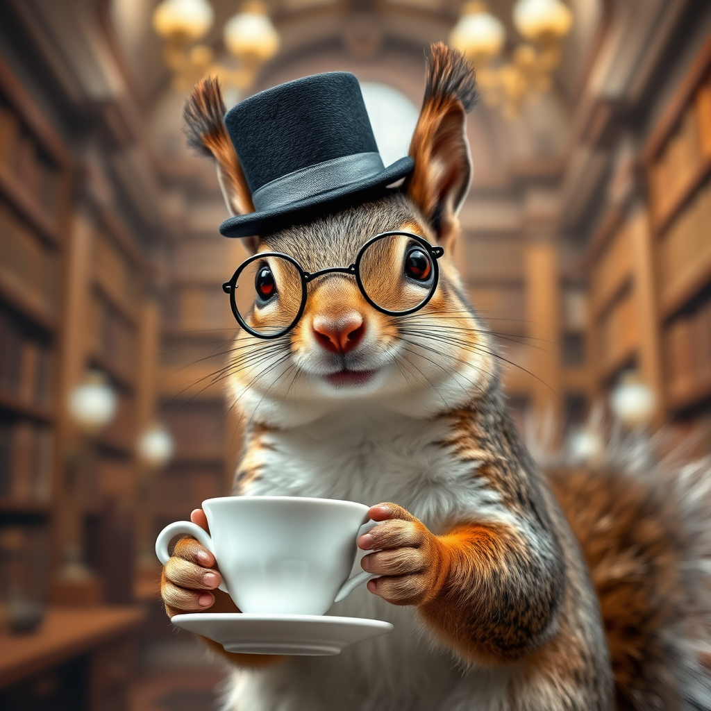 A photorealistic portrait of a sophisticated squirrel wearing a tiny top hat and monocle, holding a miniature teacup. The background should be a blurred image of a grand library. The scene should be humorous and whimsical, showcasing the squirrel's quirky personality. 4K resolution.